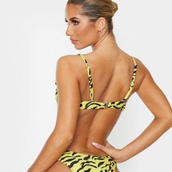 NEW Prettylittlething Yellow Tiger Underwired Plunge Bikini Top Size 2 US - Picture 2 of 10